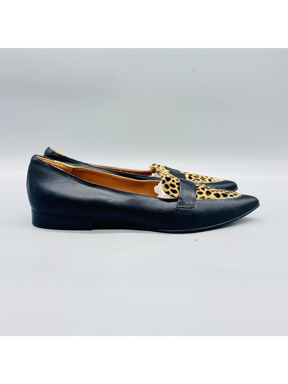 Flattered Shoes Women 8 Black Leather Leopard Calf Hair Loafer Flats Pointed Toe